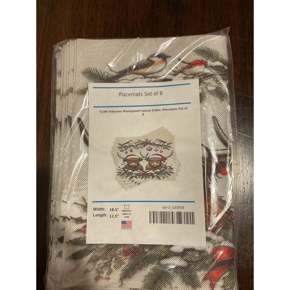 Set‎ of 8 Highland Cow Christmas Placemats 100% Polyester Waterproof 18.5 x 12.5